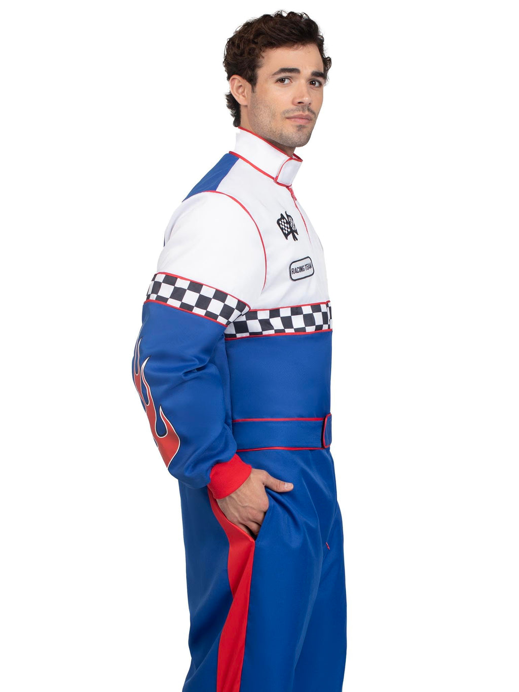 Speedway Racer, features jumpsuit with pockets, two-way zipper, and patch accents.