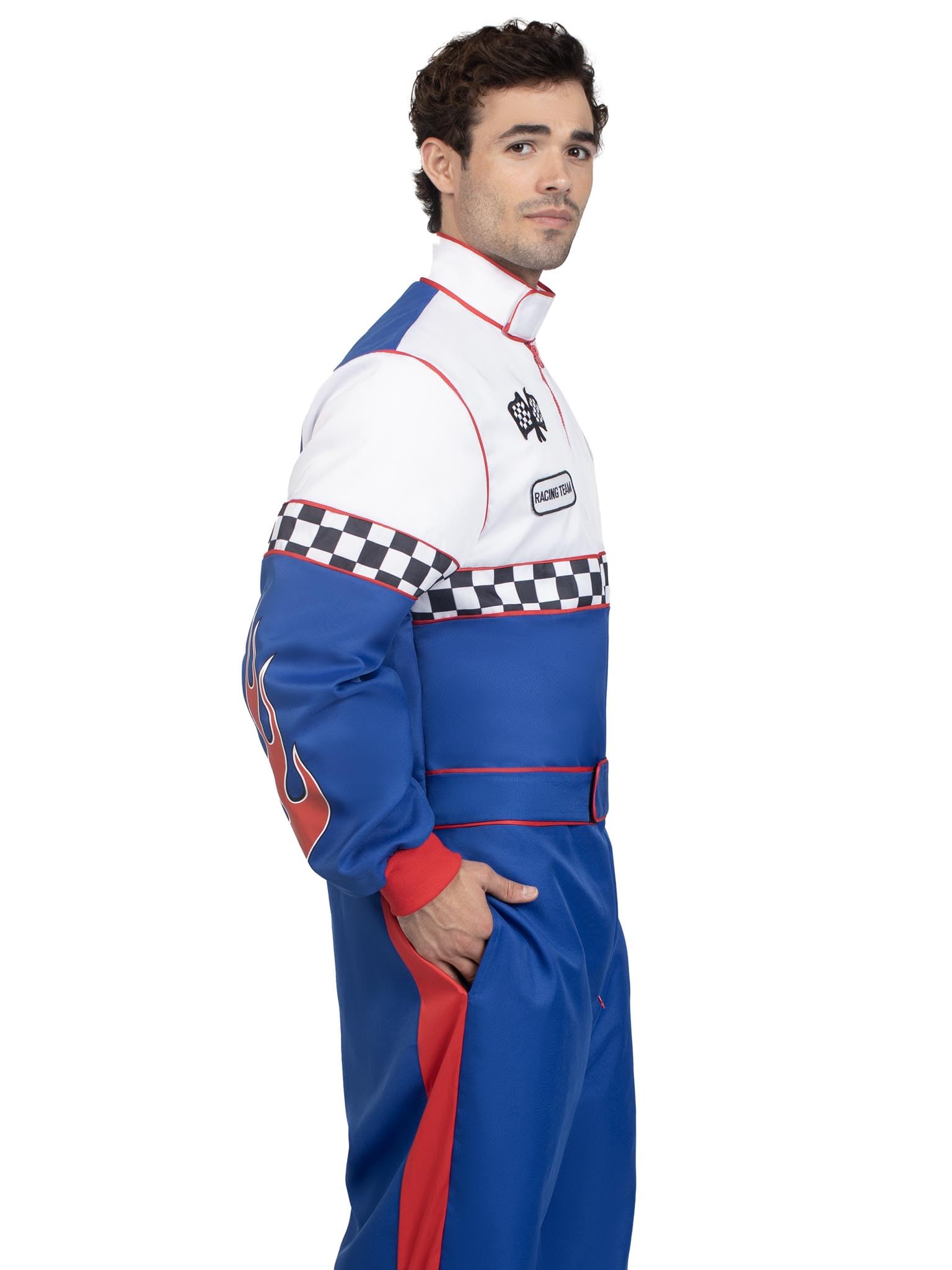 Speedway Racer, features jumpsuit with pockets, two-way zipper, and patch accents.