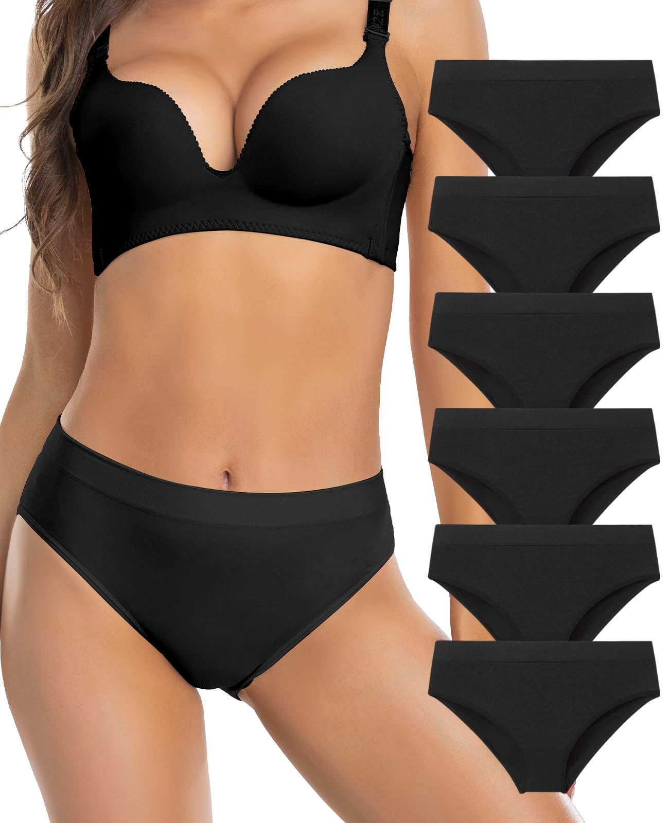 Womens Bikini Panties Seamless Underwear, Soft Stretch Cheekini Hipster Briefs 6 Pack (Black L)