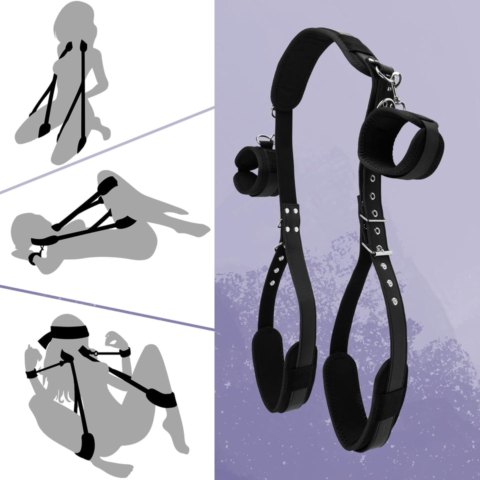 BDSM Bondage Restraints Kit, 4 Pcs Couples Sex Toys with Adjustable Leather Thigh Sling, Paddle, Blindfold and Tickler, Bondage
