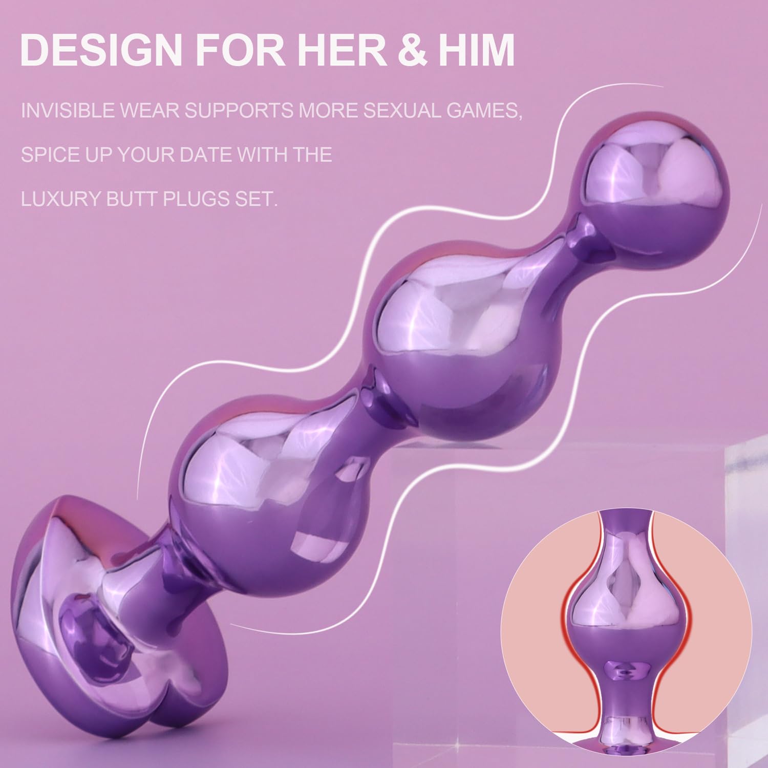 YOOMAI 3 Pcs Metal Anal Butt Plugs Adult Sex Toys,Alloy Butt Beads with Heart Shaped Base, Jewelry Design Anal Beads for Men Wom