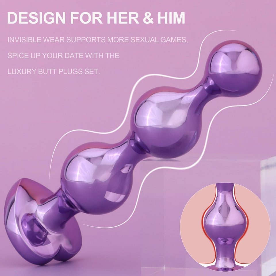YOOMAI 3 Pcs Metal Anal Butt Plugs Adult Sex Toys,Alloy Butt Beads with Heart Shaped Base, Jewelry Design Anal Beads for Men Wom