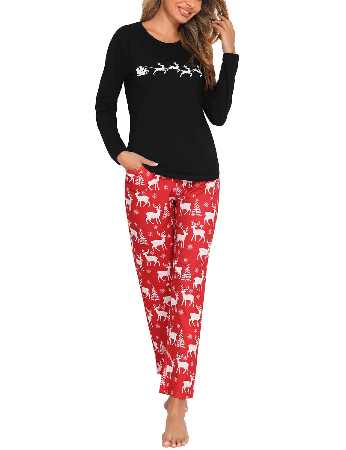 EISHOPEER Womens Christmas Pajamas Set Soft Long Holiday Pjs Sets Red XXL