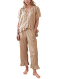 PEHMEA Womens 2 Piece Gingham Pajama Set, Plaid Short Sleeve Babydoll Shirt Ruffle Pants Lounge Pjs Sleepwear(Coffee-M)