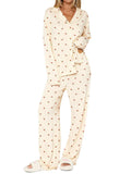 Dressmine Pj Sets for Women Long Sleeve V Neck Cherry Pajamas Cute Pj Matching Winter Button Down Casual Sleepwear Apricot L