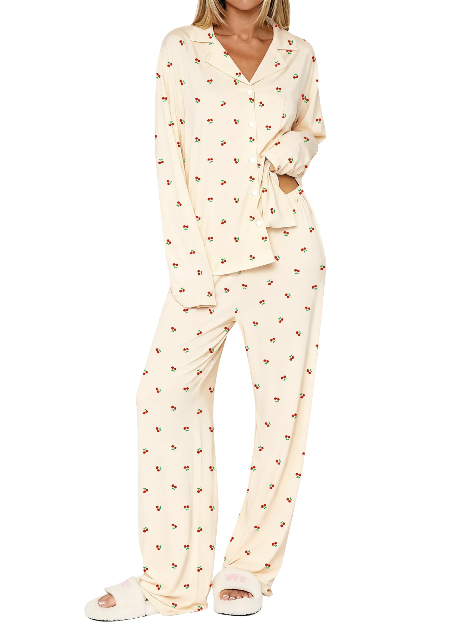 Dressmine Womens Cherry Pjs Sets Long Sleeve Cozy Y2K Winter Matching Sets Button Down Lapel V Neck Matching Set Apricot M
