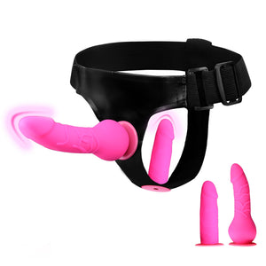 Pink Double Ended Strap On Dildo - Silicone Dildo with Wearable Harness, 2 Removable Realistic Fantasy Dildos, Adjustable Strap