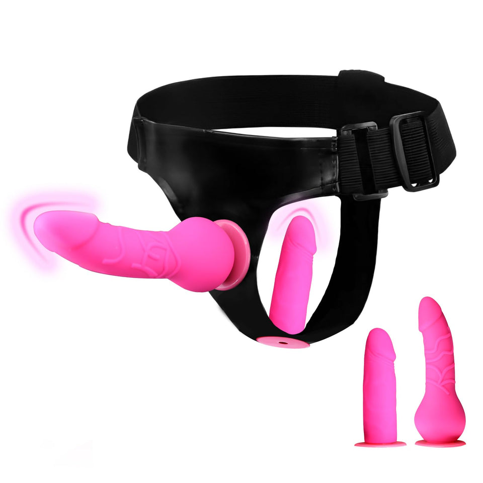 Pink Double Ended Strap On Dildo - Silicone Dildo with Wearable Harness, 2 Removable Realistic Fantasy Dildos, Adjustable Strap