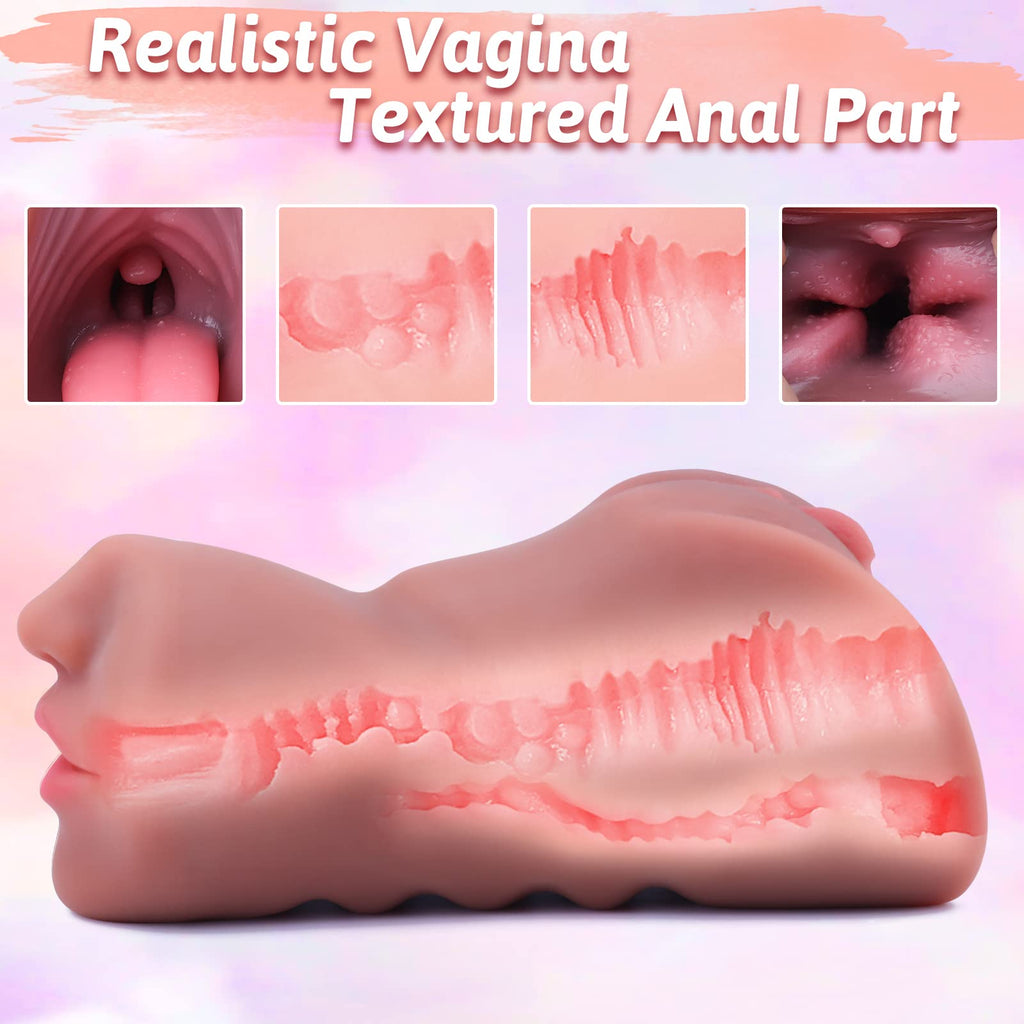 SAITONG Male Sex Toys - 3 in 1 Male Masturbator with Realistic Vagina & Auns, Portable Blowjob Adult Toy, Brown