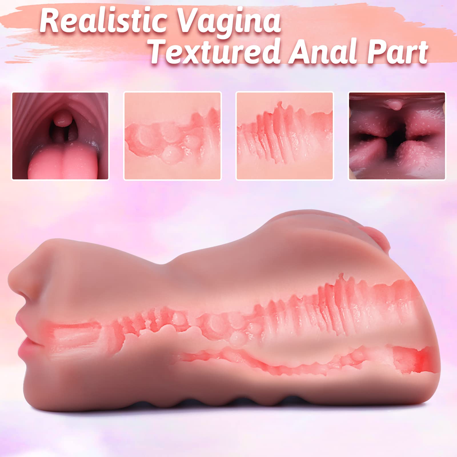 SAITONG Male Sex Toys - 3 in 1 Male Masturbator with Realistic Vagina & Auns, Portable Blowjob Adult Toy, Brown