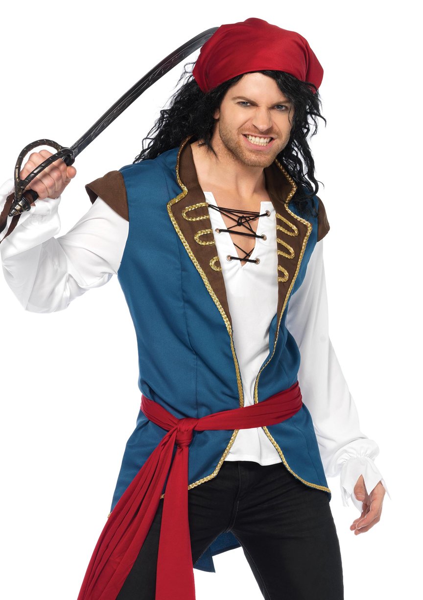 Men'S 3 Pc Pirate Scoundrel Costume, Includes Gold Trimmed Lace Up Shirt/Vest Combo, Waist Sash, And Head Scarf