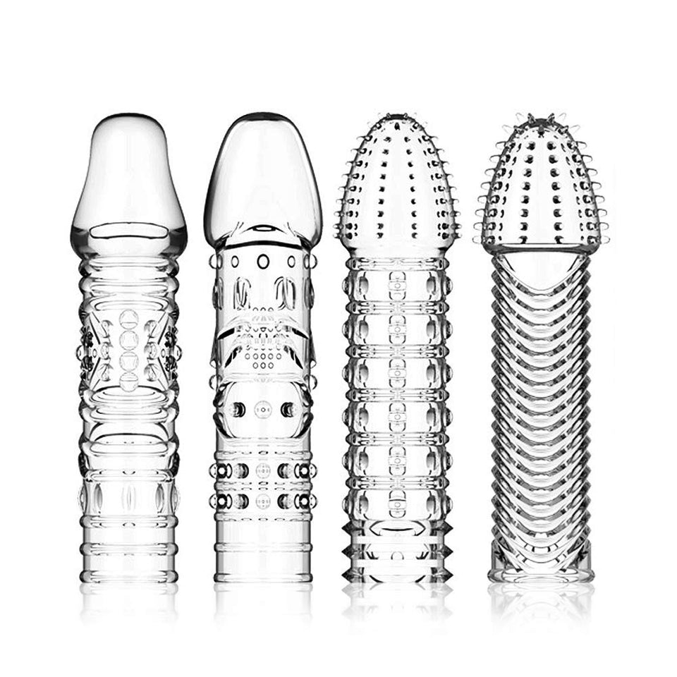 FST 4 Pcs Silicone Penis Sleeves Reusable Condoms Cock Enlarger Penis Erection Sex Toy for Men Transparent