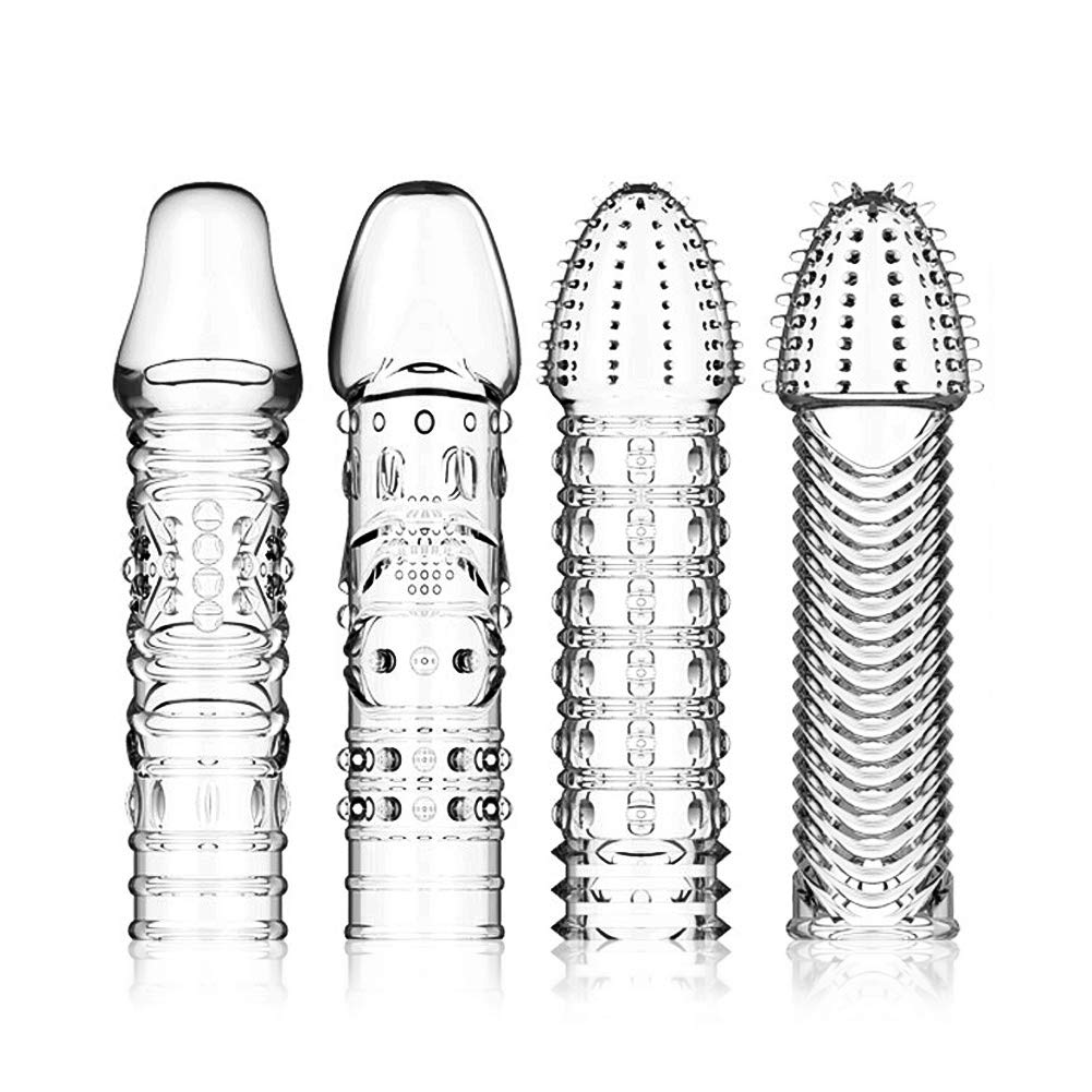 FST 4 Pcs Silicone Penis Sleeves Reusable Condoms Cock Enlarger Penis Erection Sex Toy for Men Transparent