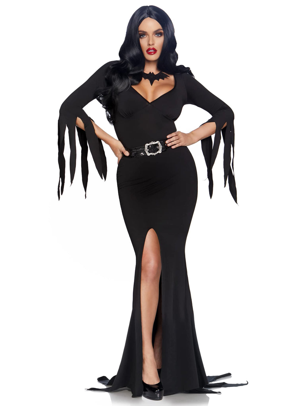 3 Pc Immortal Mistress, Includes Deep-V Body Hugging Dress With Classic Tentacle Hem And Tattered Sleeves, Sequin Belt, And Glit