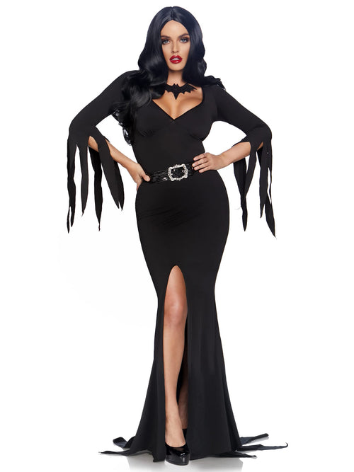 3 Pc Immortal Mistress, Includes Deep-V Body Hugging Dress With Classic Tentacle Hem And Tattered Sleeves, Sequin Belt, And Glit