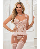 3Pc Lace Up Garter Corset W/ Thong Pink Champagne O/S