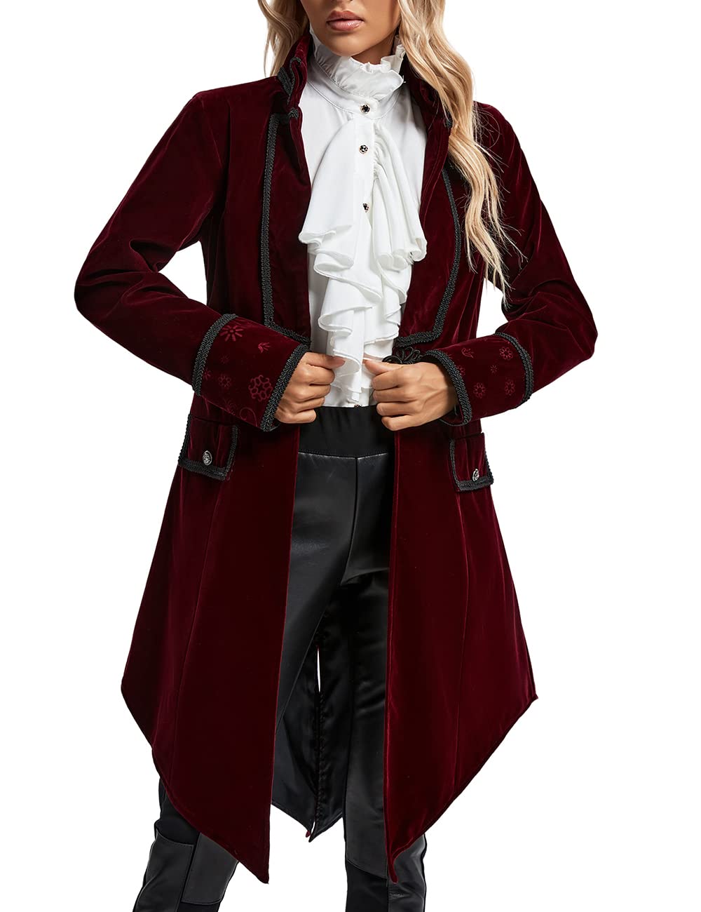 SUPLEAP Womens Victorian Gothic Vintage Tailcoat Pirate Jacket Steampunk Long Coat (Red, Large)