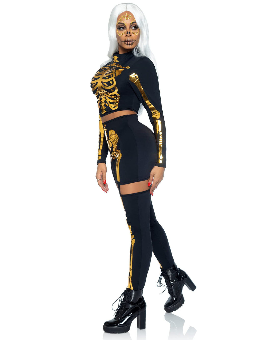 2 Pc Golden Skeleton, Includes Long Sleeved Crop Top And Garter Skirt With Laser Cut Skeleton Applique.