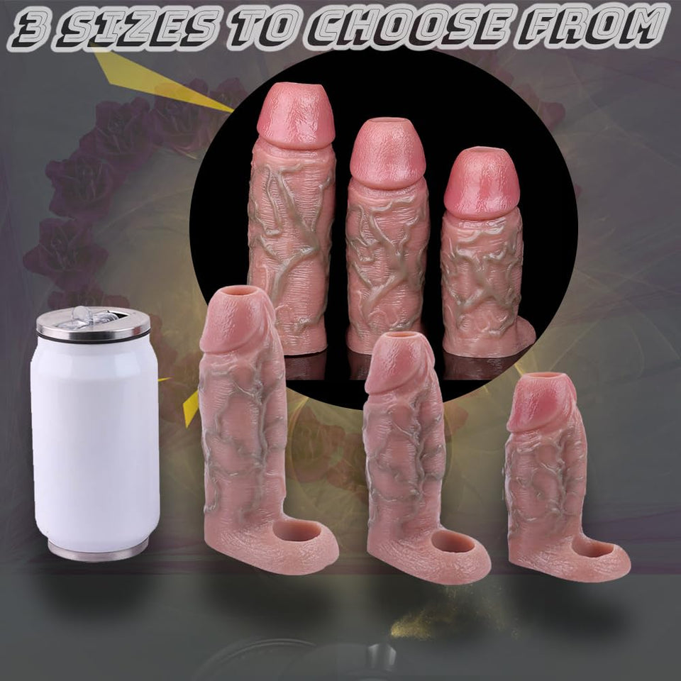 Realistic Hollow Penis Sleeve Enlargement Thick Soft Silicone Cock Ring Sleeve 6-4.5 Inch Penis Enlarger Sheath Can Choose Girth
