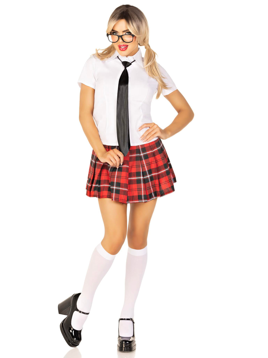 4Pc.Private School Sweetie Shirt Pleated Skirt Neck Piece Faux Frame Medium White/Red