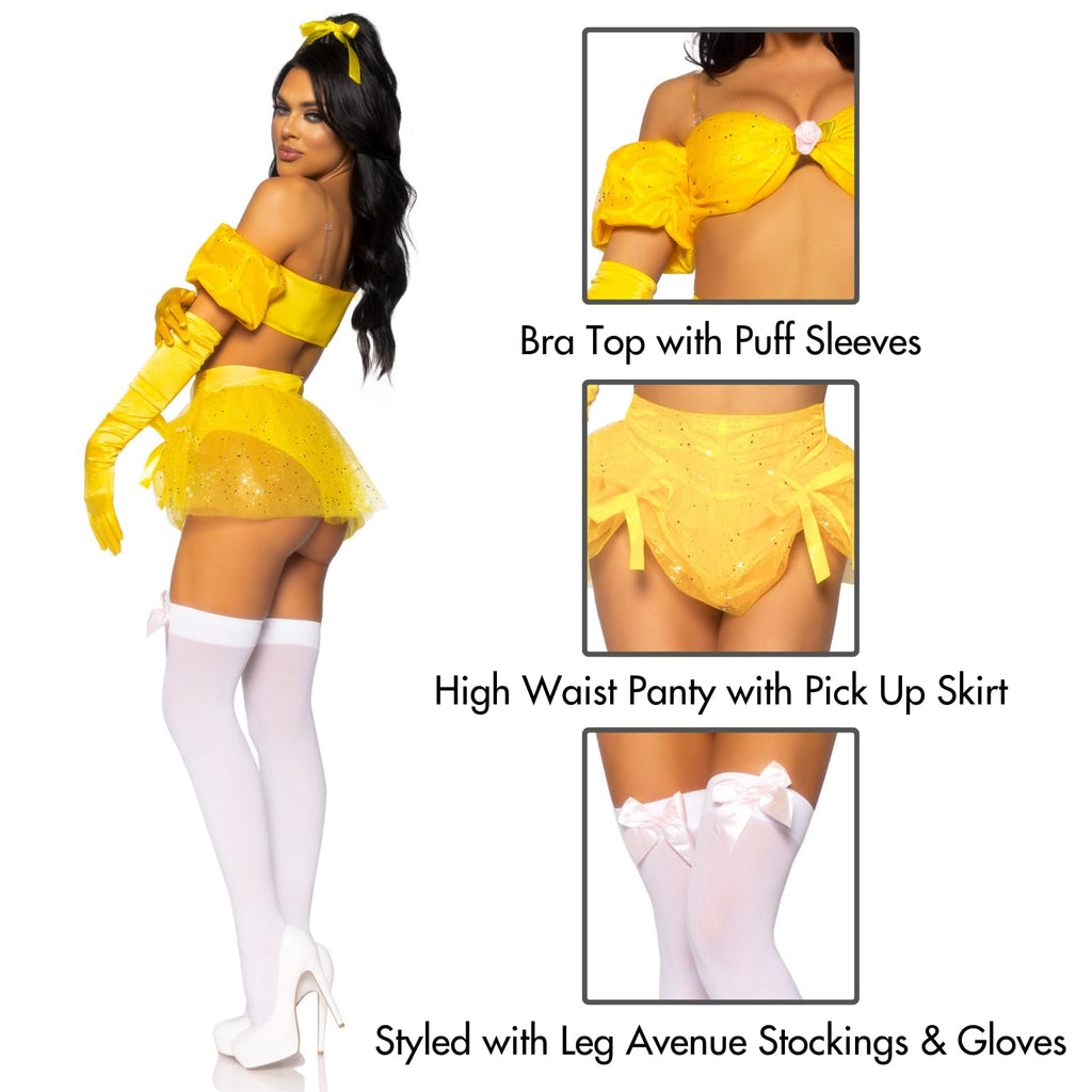 4 Pc Fairytale Beauty, Includes Glitter Shimmer Bra Top With Gathered Rosette Center And Puff Sleeves, High Waist Panty With Rib