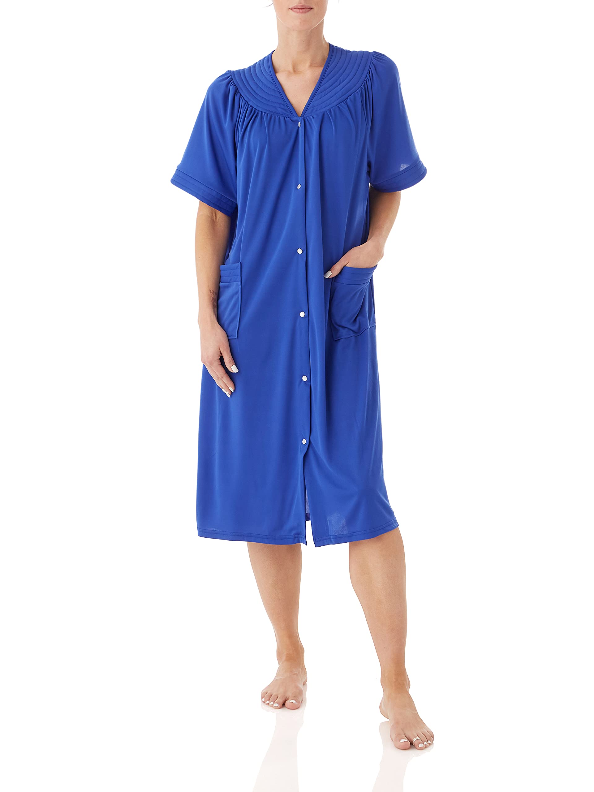 AmeriMark Women Calf-Length Snap Front Duster Bathrobe - Plush Loose-Fitting Housecoat Full Coverage Bath Robe Patch Pockets
