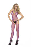 Elegant Moments Tie Neck Fishnet Suspender Bodystocking - Purple - One Size