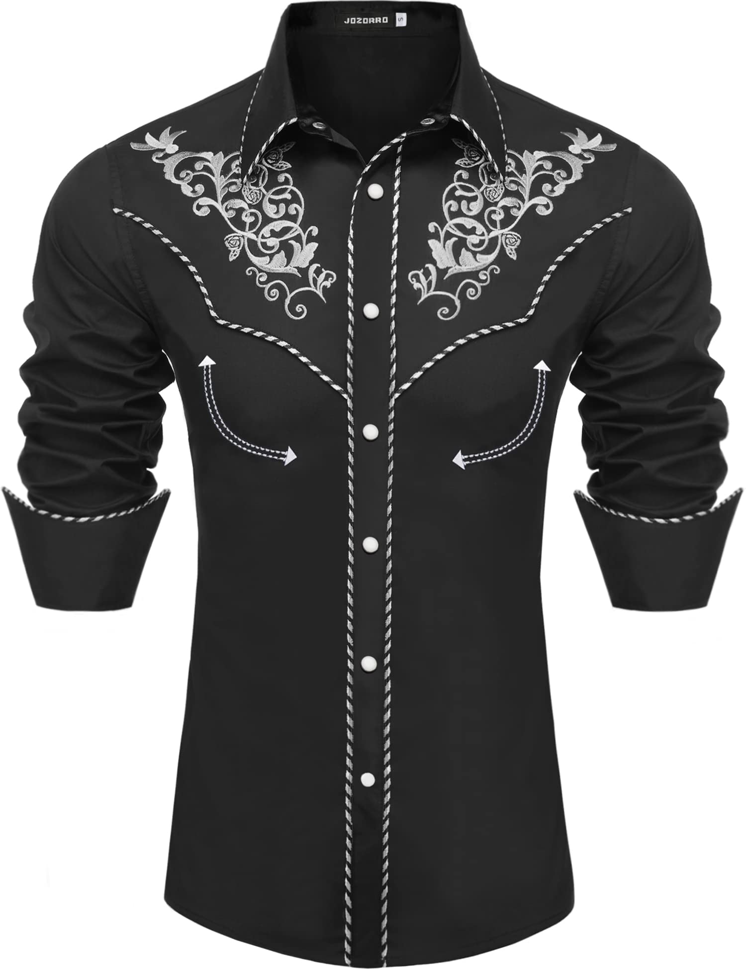 JoZorro Men s Black Western Shirt, Regular Fit, Long Sleeve, Collared Neck, Button Down, Mariachi Costume, Pearl Snap