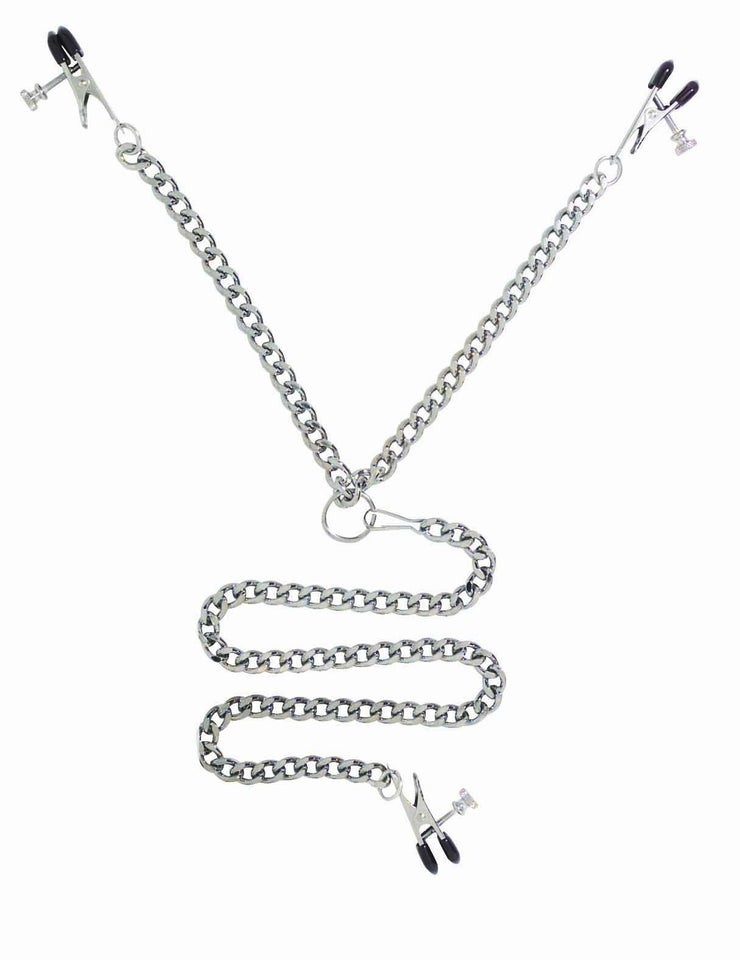 Spartacus Y Style Adjustable Broad Tip Nipple Clamps With Clit Clamp, Silver