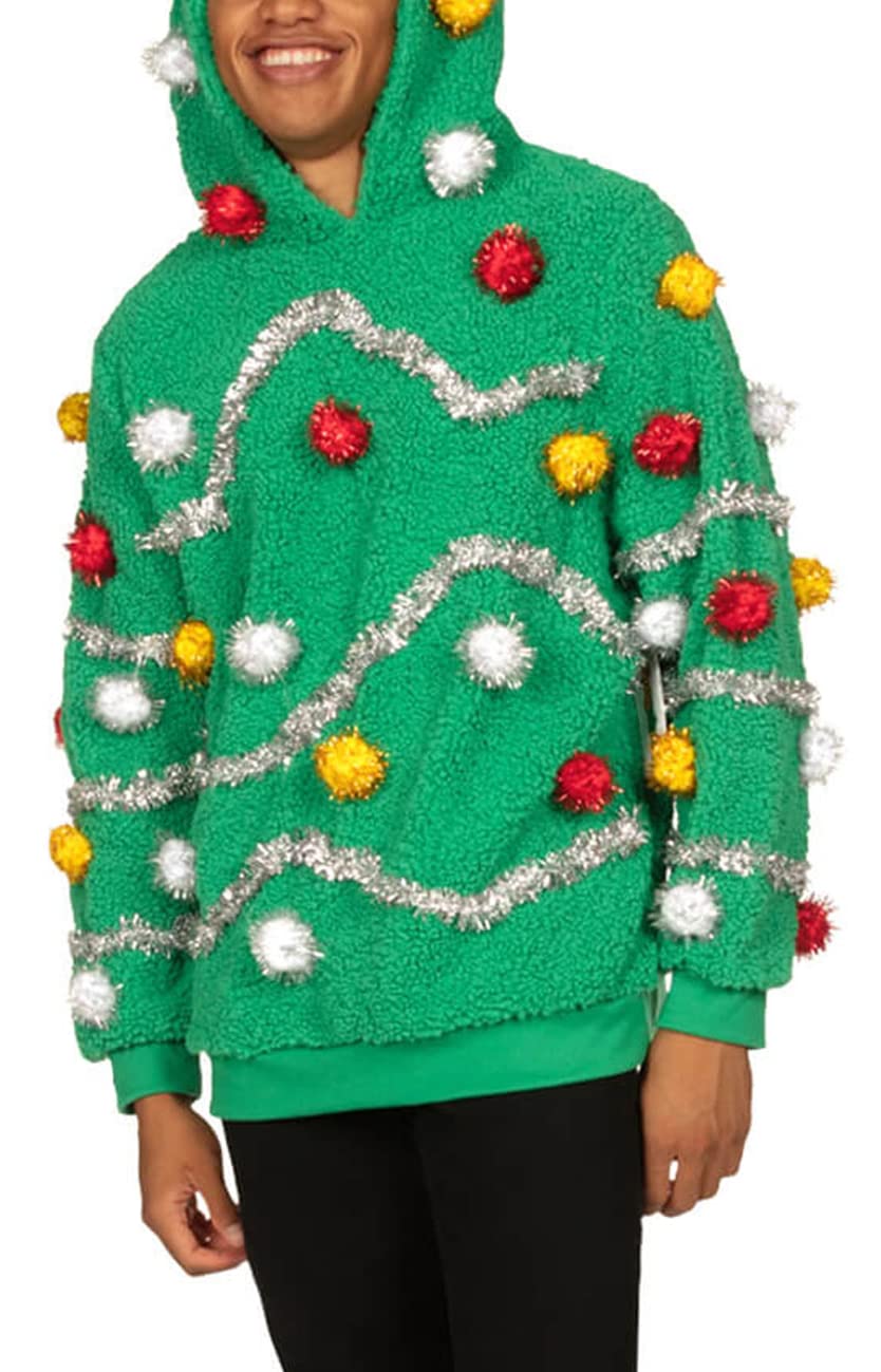 Tipsy Elves Mens Hooded Ugly Christmas Sweaters - Funny and Tacky Embellished Christmas Hoodies For Men - Oh Christmas Tree Ugl