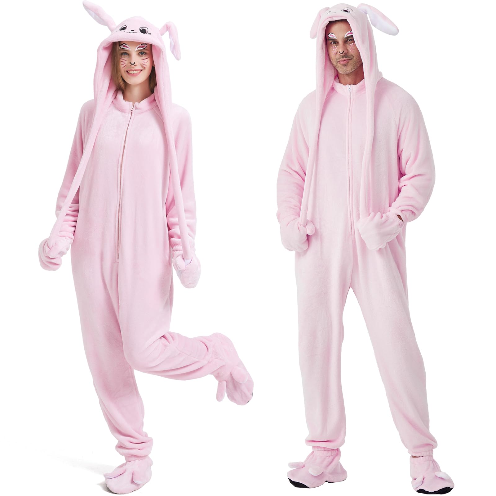 Ezuwail Adult Bunny Onesie Animal Pajamas for Women, Christmas Halloween Onesie Adult Pink Bunny Costume for Sleepwear, Homewear