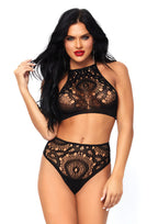 Leg Avenue womens Boho Crochet Lace Halter Crop Top & High Waist Thong Sexy adult exotic lingerie sets, Black, Medium-Large US