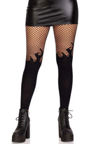 Opaque flame tights with fishnet top.