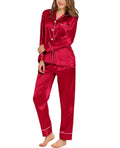 SWOMOG Womens Satin Pajamas Long Sleeve Sleepwear Silk Soft Button Down Loungewear Pjs Set S-XXL Reda Large