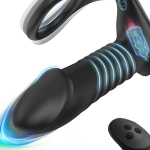 Thrusting Anal Sex Toy Vibrator with Thick Penis Ring, 3 * 10 Vibrating&Telescopic Prostate Massager Anal Vibrators, TIVINO Sili
