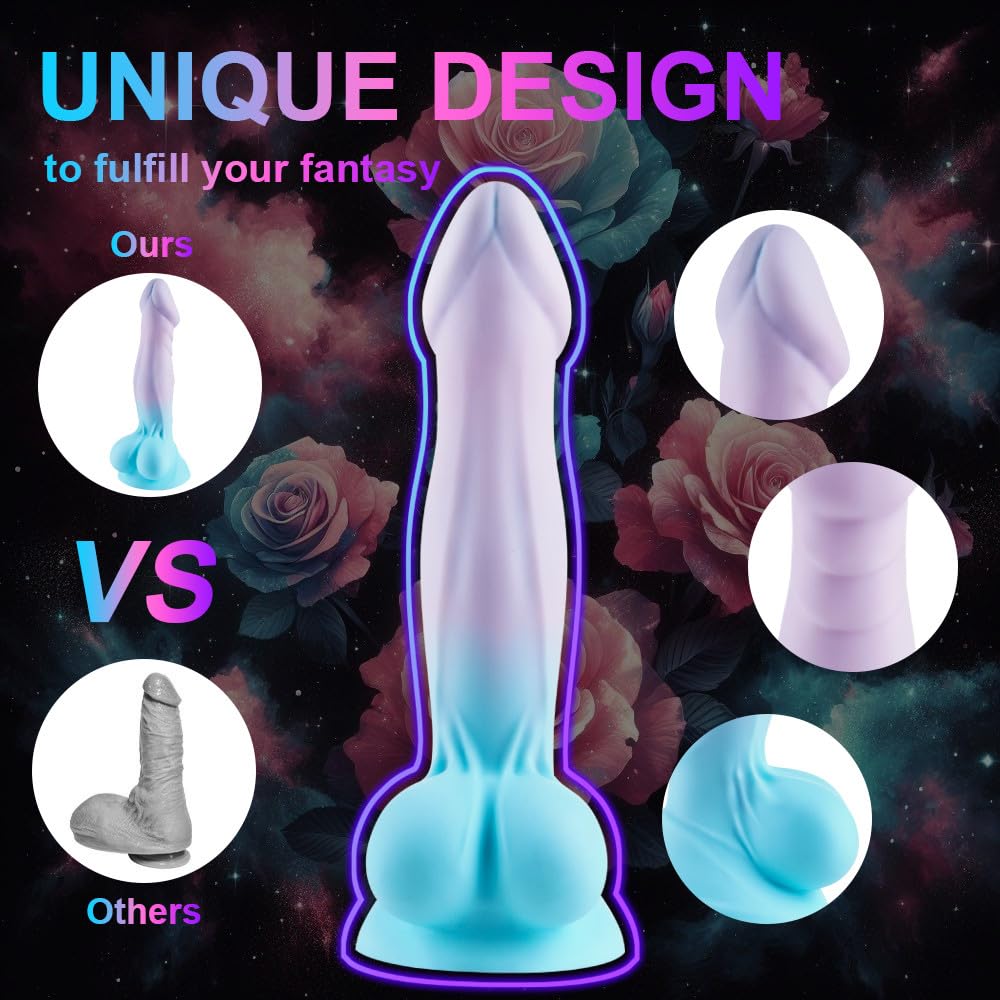8 Inch Silicone Realistic Dog Canine Thin Dildo for Beginners Gay, 7'' Blue Purple Colorful Fantasy Slim Dildo with Suction Cup,