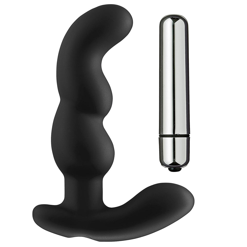 (D) Prostate Pro Soft Angled T Prostate Anal Massager Black W/C Rings