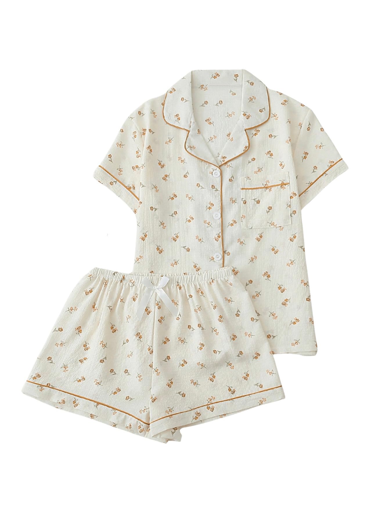 Verdusa Pajamas For Women Set 2 Piece Summer Pajama Sets Cute Pjs Lounge Matching Button Shirt with Shorts Floral Apricot Yellow