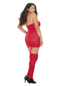 Dreamgirl Women'S Plus Size Semi-Sheer Halter Garter Dress With Thigh High Stockings, Red, O/Sq