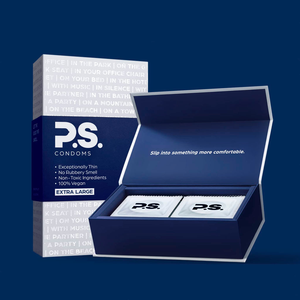 PS Condoms Extra Large Latex Condoms for Men - Odorless and 100% Vegan - Exceptionally Thin, Lubricated, and Clear Condoms - XL