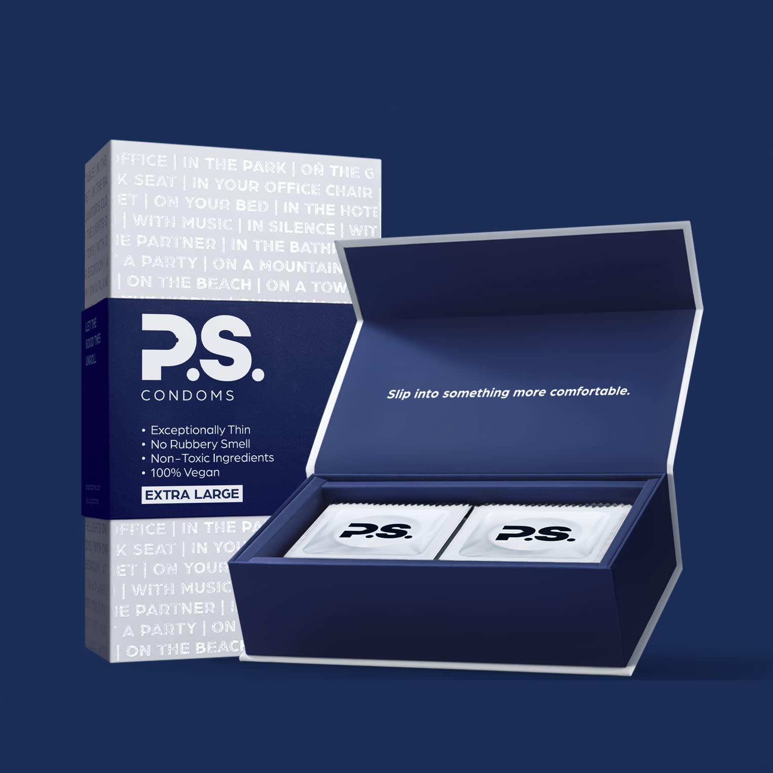 PS Condoms Extra Large Latex Condoms for Men - Odorless and 100% Vegan - Exceptionally Thin, Lubricated, and Clear Condoms - XL