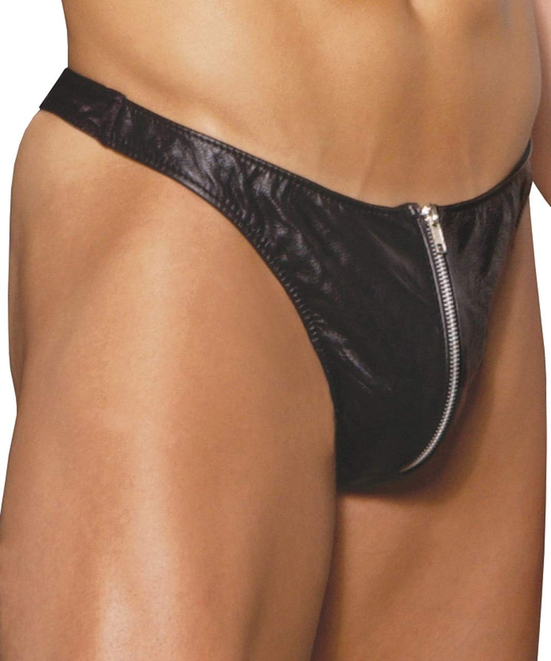 Elegant Moments Mens Zip Up Leather Thong - O/S - Black