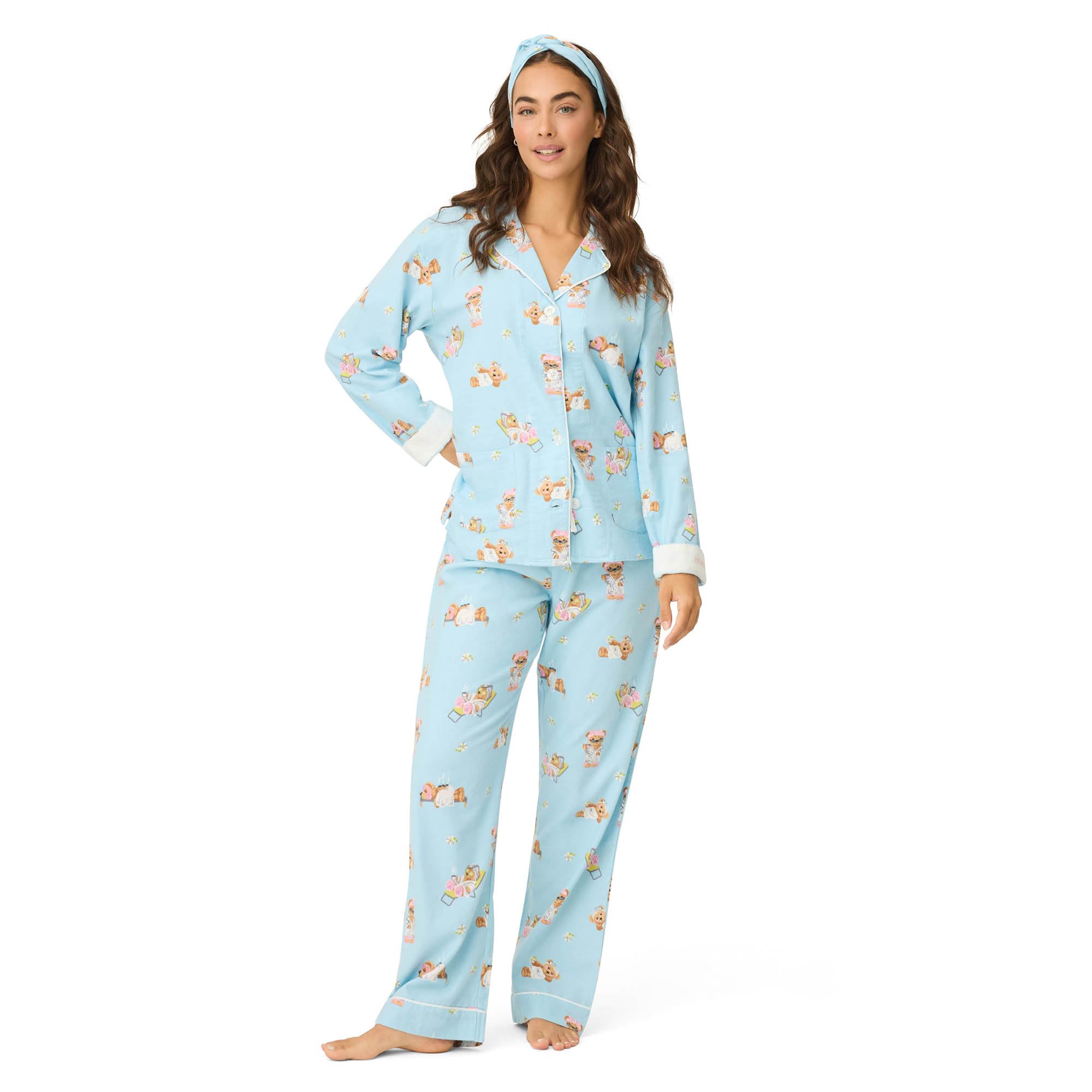 P.J. Salvage Womens Cotton Flannel Long-Sleeve Top, Pant and Headband 3-Piece Pajama Set, Ice Blue, Medium