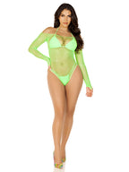 Crystalized long sleeved fishnet thong back bodysuit with snap crotch.