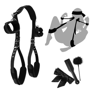BDSM Bondage Restraints Kit, 4 Pcs Couples Sex Toys with Adjustable Leather Thigh Sling, Paddle, Blindfold and Tickler, Bondage