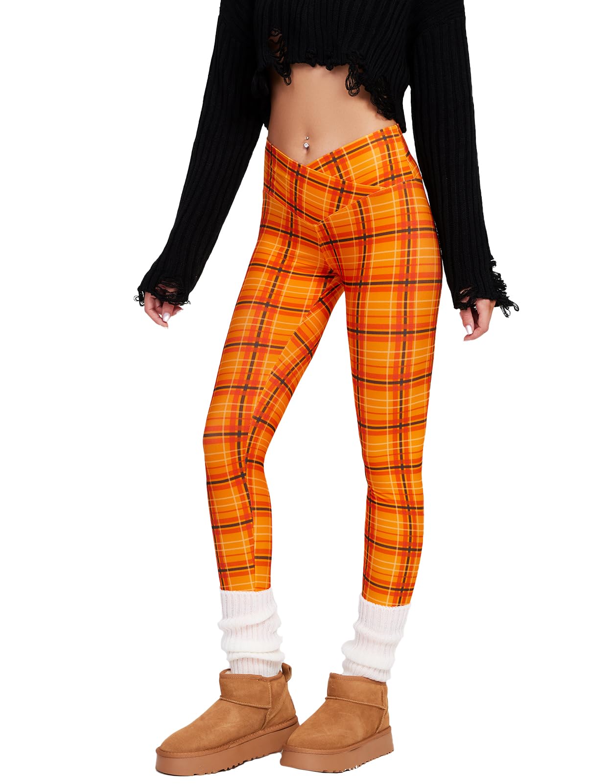 sissycos Women s Halloween Crossover Leggings High Waisted Buttery Soft Printed Tights (Pumpkin Yellow Plaid, Small)