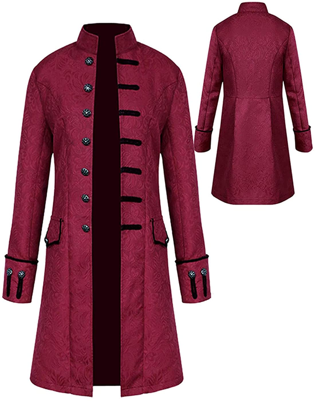 Mens Vintage Tailcoat Jacket Goth Long Steampunk Formal Gothic Victorian Frock Coat Costume for Halloween (Red, L)
