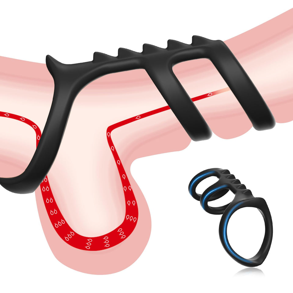 Triple Penis Ring for Men - Black Silicone Cock Ring with Ribbed Texture for Harder Longer Stronger Erections - Erection Enhanci
