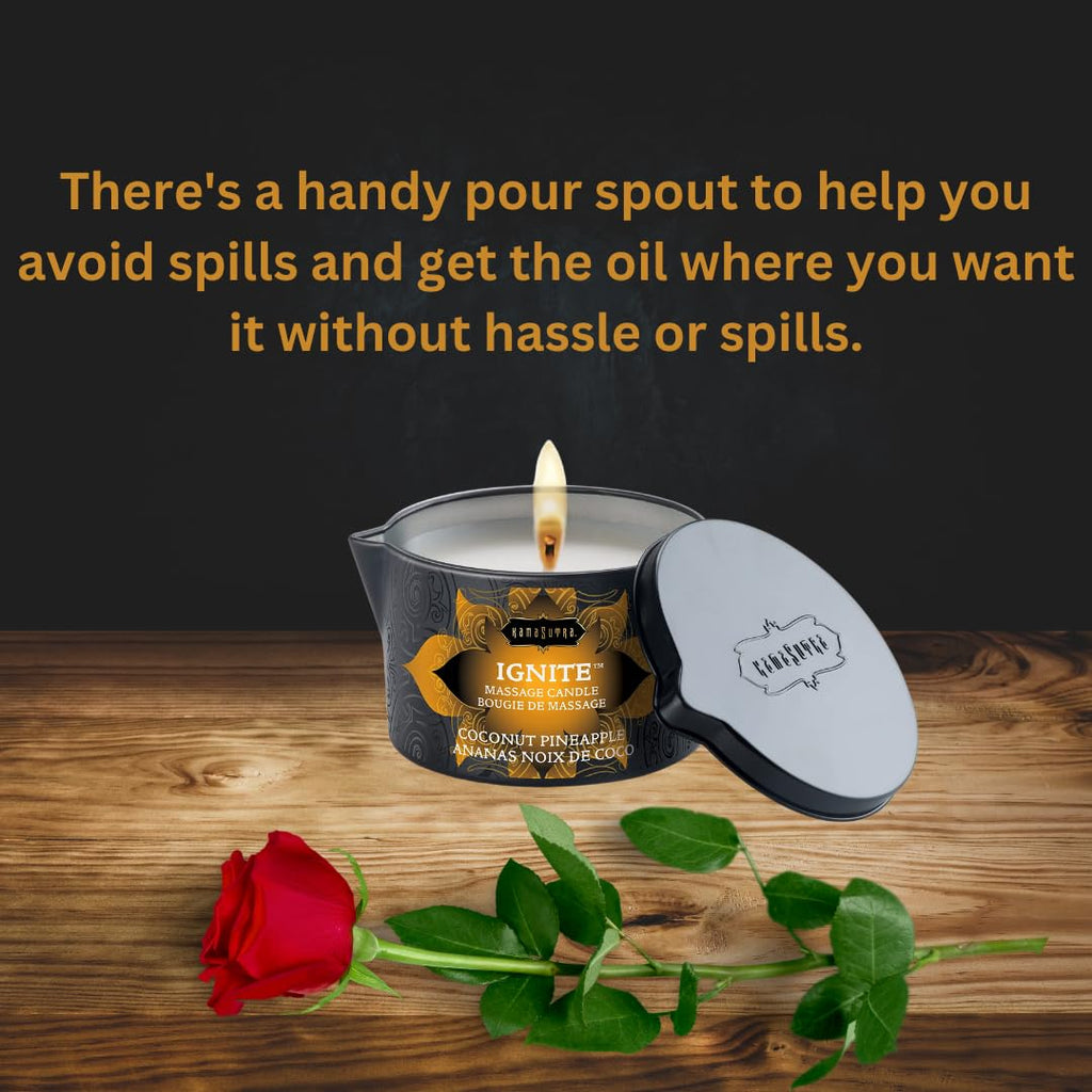 Kama Sutra Ignite Massage Candle - Coconut Oil And Soy Based - Coconut Pineapple, 6 Oz Melts Into A Warm Massage Oil, Couples Ma