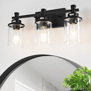 Aixialin 3 Light Bathroom Light Fixtures, Modern Black Vanity Lights Over Mirror, Wall Sconce With Clear Glass Shade And Metal B